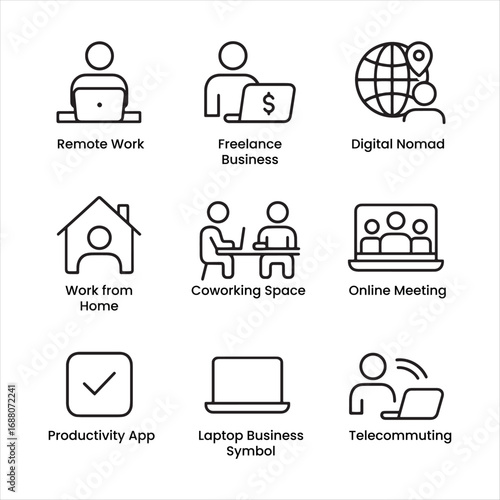 Collection of modern line icons representing remote work freelancing and digital nomad concepts