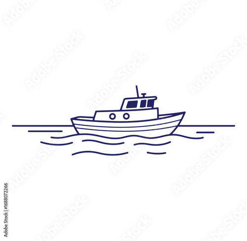 Minimalist line art illustration of a fishing boat sailing across the ocean waters