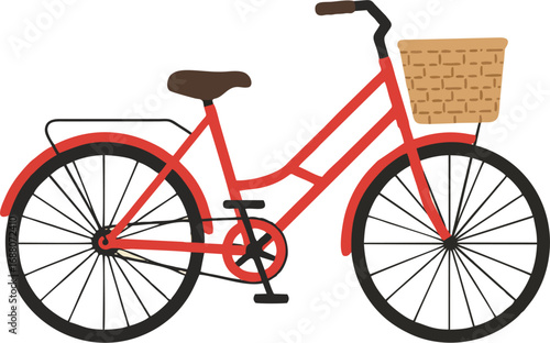 Red bicycle with basket ready to ride