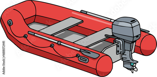 Red inflatable boat with motor on white
