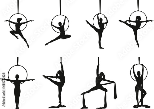 Aerial hoop, aerial silk, acrobatic silhouette, circus art, fitness pose, dancer flexibility, vector illustration, suspended motion, graceful strength, black figure, performance