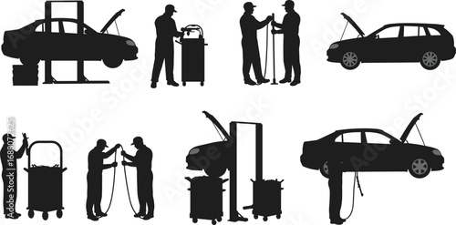 Silhouette illustration of auto mechanics repairing cars with tools, diagnostic machines, lift platforms, and automotive service in professional garage workshop.