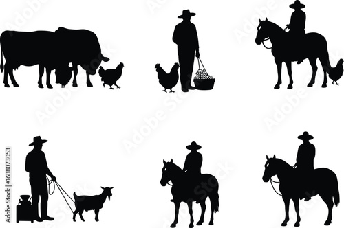 Farm life silhouette, rural scene, livestock animals, horse riding, goat handling, chicken care, vector illustration, countryside lifestyle, black figure, agriculture, tradition