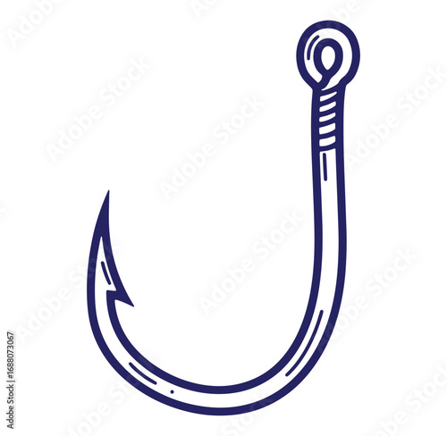 Simple hand drawn blue fishing hook illustration isolated on a white background
