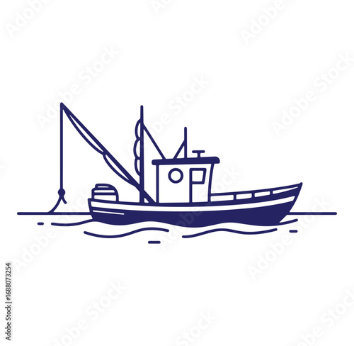 Simple minimalist illustration of a fishing boat sailing across the calm ocean waters