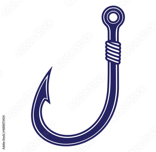 Simple vector illustration of a detailed fishing hook in blue and white colors