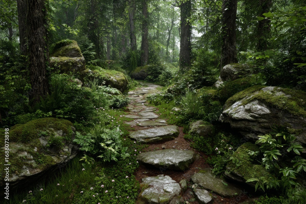 Obraz premium Stone Path Through Forest: Showcase a balanced and winding stone path through a lush forest, inviting viewers to follow a mindful journey. 