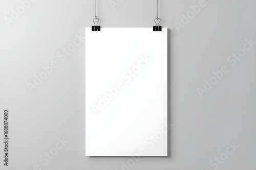 Vertical blank paper poster mockup with hanging clips isolated on grey wall background for presentation