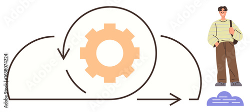 Gear encased in curved arrows symbolizes agile process within a cloud design. Confident person on side adds human perspective. Ideal for teamwork, software development, innovation, cloud computing