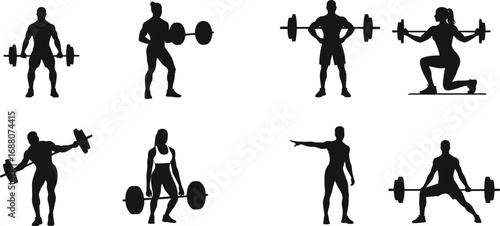Silhouette vector of men and women lifting barbells, weight training, gym workout, fitness exercise, bodybuilding, strength training illustration