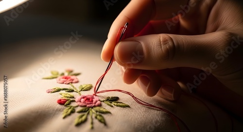 4k, A focused hand meticulously embroidering a rose design onto fabric with a needle and red thread, captured in a close-up shot under warm lighting to emphasize detail
