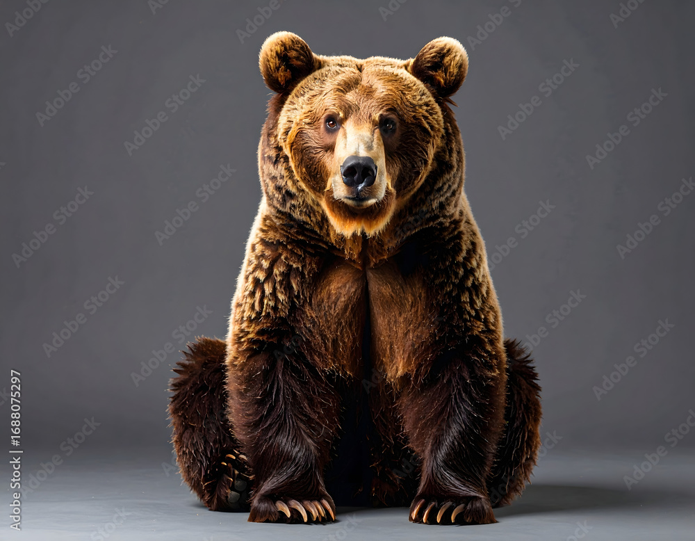 Obraz premium Majestic brown bear seated, facing forward, against a neutral gray backdrop.