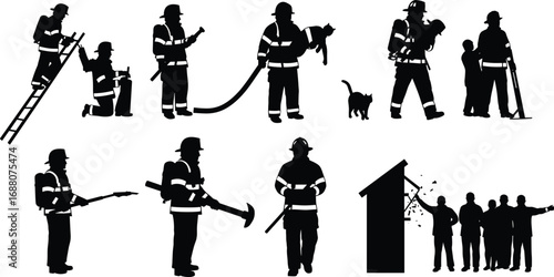 Silhouettes of firefighters performing rescue and firefighting tasks, saving lives, extinguishing fires, emergency response, fire safety, firemen teamwork
