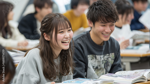 笑顔で授業・講義を受ける日本人の男女の学生たち、教室, 勉強, 友情, 楽しい, 大学生活