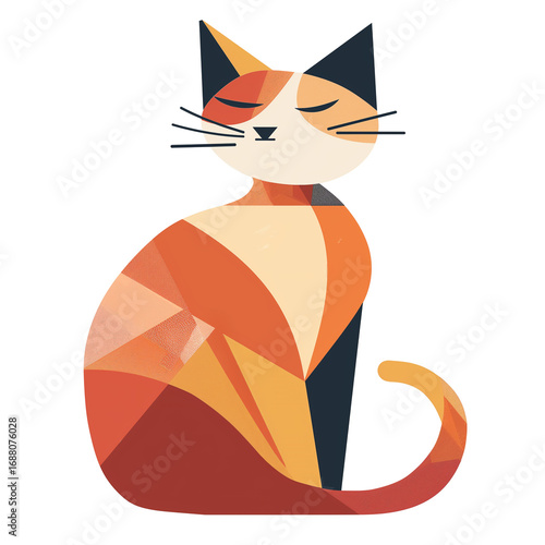 Minimal flat vector illustration of a cat , geometric shapes, warm color palette, modern design, white background.