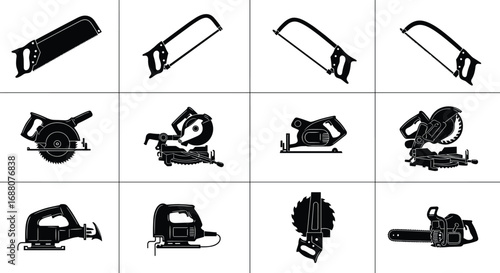 Vector illustration of hand saws, power saws, circular saws, jigsaws, chainsaws, and cutting tools in black silhouette style