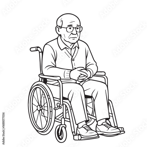 Minimalist vector artwork showing an old man resting on a wheelchair, designed in monochrome black and white with distinct outline carefully traced in black.