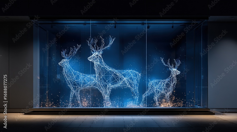Obraz premium Abstract augmented reality Christmas window display featuring a minimalist wireframe reindeer digital glow effect on a dark background with subtle grid lines and a deep sky blue to navy gradient