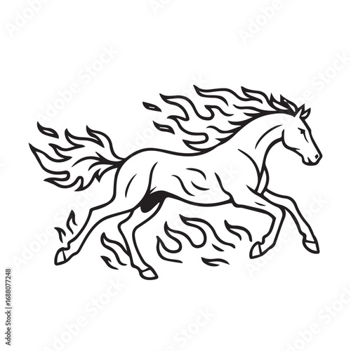 Stylized vector drawing of a horse surrounded by flames, illustrated in simple black and white tones with precise outline strongly defined using black.