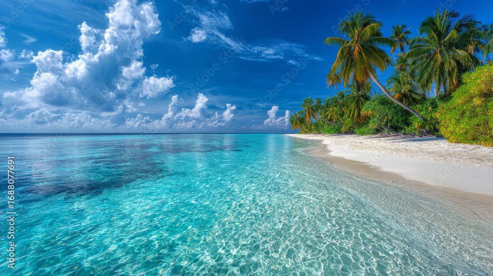 Fototapeta premium Pristine tropical beach with crystal clear turquoise water, white sand, and lush palm trees under a blue sky.