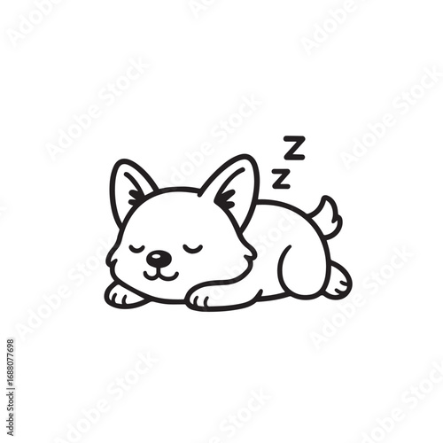 Vector cute minimalist illustration of a dog sleeping peacefully, designed in simple black and white theme with smooth details and strong outline emphasized black.