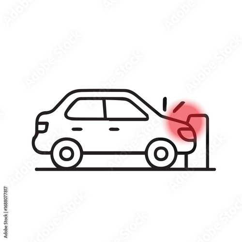 Vector minimalist illustration of a car crashing into a road barrier, created in simple black and white style with strong bold outline in black.