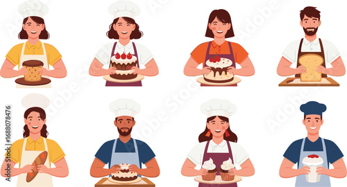 Cartoon bakers, pastry chefs, holding bread, cake, cupcakes, bakery food illustration, cooking characters, dessert preparation, sweet pastry, cartoon baking set