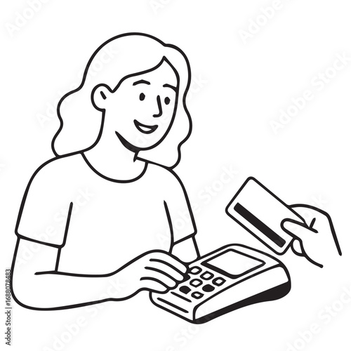 Vector illustration of a female cashier accepting payment with a debit card, drawn in monochrome black and white style, outlined strongly in black.