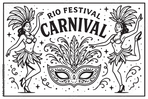 Stylized vector background concept about Rio Festival Carnival Brazil, created in black and white format, emphasizing samba dancers, feathers, and joy outlined in black.