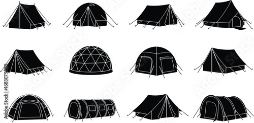 Vector set of diverse camping tents icons including dome, tunnel, geodesic, and classic designs for outdoor adventure and camping enthusiasts