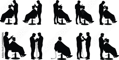 Vector silhouette illustration of barber cutting male hair with clipper and scissors in modern barber shop environment, professional grooming