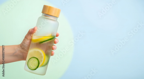 Woman holding a reusable glass bottle with fresh citrus and cucumber infused water