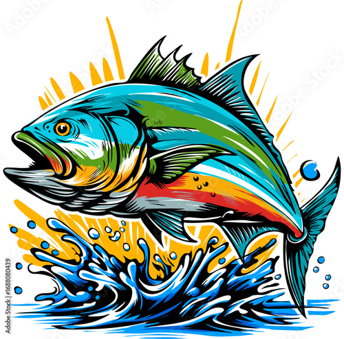 Dynamic illustration of a colorful game fish jumping from the water with a vibrant splash. Fishing sport mascot or emblem design