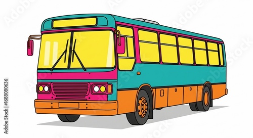 Retro-Inspired Colorful Cartoon Bus Illustration, Vibrant Teal, Pink, Orange and Yellow Public Transport Vehicle for Urban Themes.