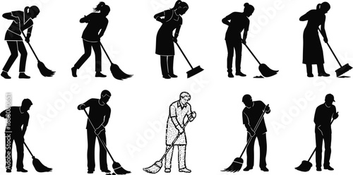 Vector silhouettes of men and women sweeping and cleaning floors with brooms and brushes, housework chores and maintenance activity