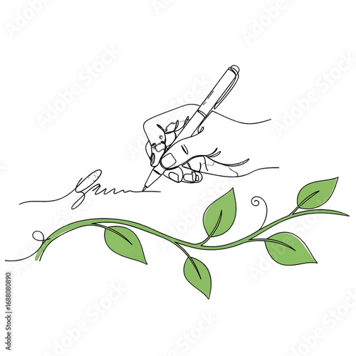 Wallpaper Mural Stylized Hand Holding Pen Writes Above Green Vine Leaves Decorative Illustration on White Background Torontodigital.ca