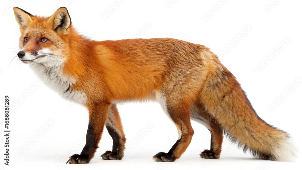 Fototapeta premium A red fox, Vulpes vulpes, stands on a white background in a studio portrait
