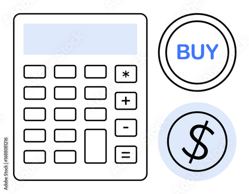Calculator with mathematical symbols, BUY button, and dollar sign representing budgeting, purchasing, or financial planning. Ideal for finance, business, e-commerce, shopping accounting