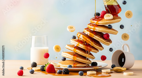 Delicious Pancakes with Fresh Berries and Golden Maple Syrup Drizzle in a Whimsical, Gravity-Defying Breakfast Scene