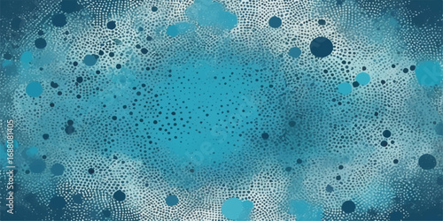 Transparent water droplets create an abstract blue pattern on a wet glass surface
