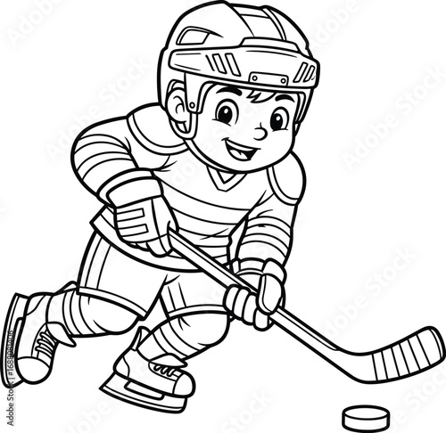 Child playing ice hockey, cartoon style, black and white, line drawing, skating action, hockey stick, puck, helmet, gloves, uniform, striped jersey, winter sport, athletic child, focused expression,