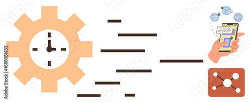 Gear with clock represents automation, hand using smartphone with notifications, and network connections symbolize efficiency, communication, and workflow. Ideal for productivity, networks