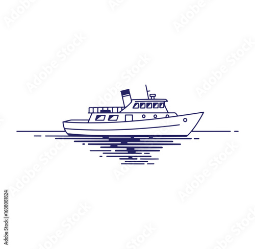 Simple line art illustration of a modern passenger boat cruising on calm water
