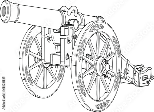 Vintage cannon line drawing, historical artillery sketch, antique weapon illustration, military history art, spoked wheel cannon, ornate carriage design