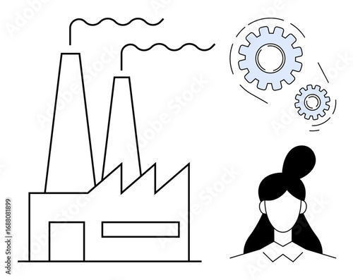 Factory with smokestacks beside gears and a professional figure symbolizes industry, innovation, teamwork, productivity, management, labor, and growth. Ideal for manufacturing, strategy and simple