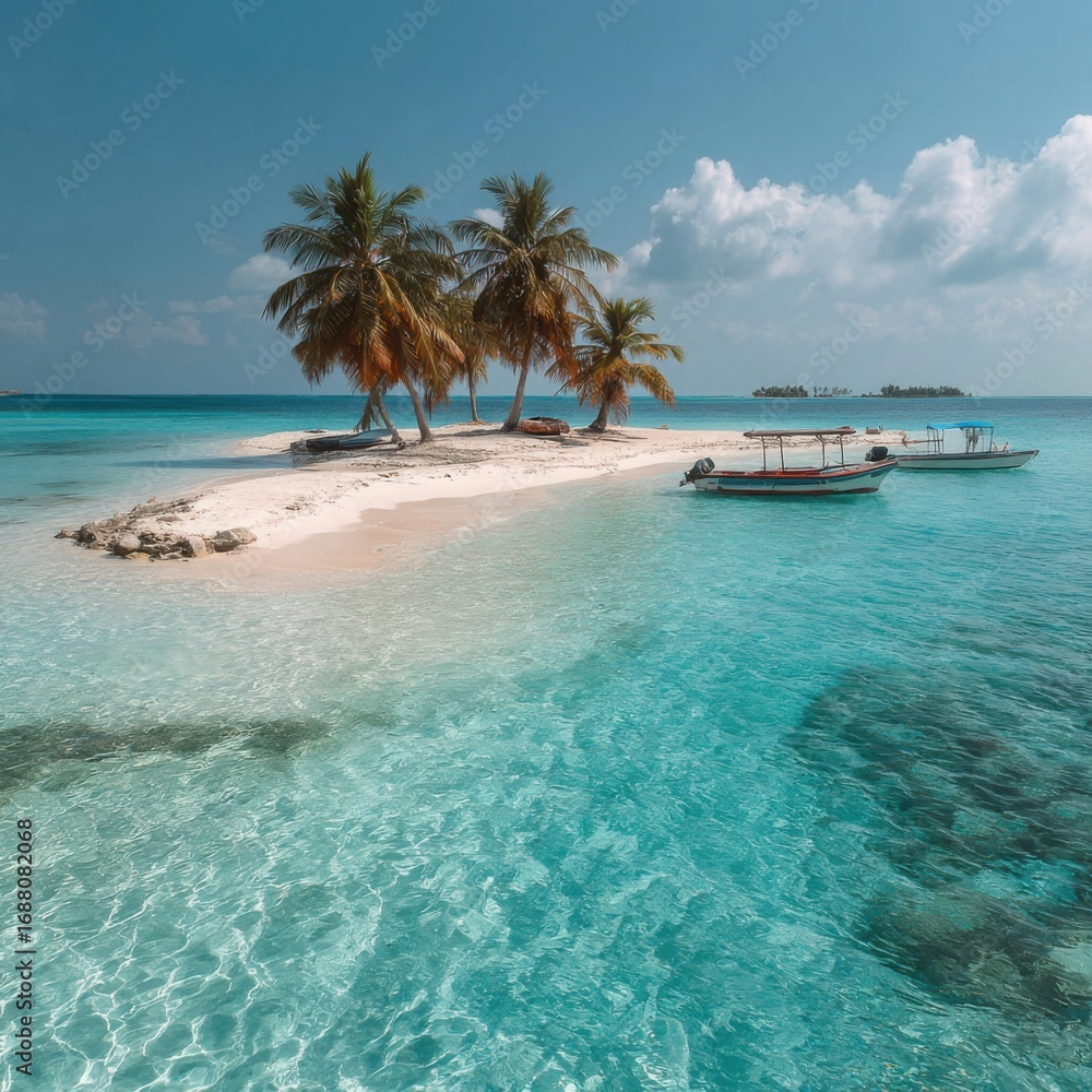 Obraz premium Tropical Beach Scene with Palm Trees and Boats on Clear Blue Water under Sunny Sky Perfect for Vacation Travel and Relaxation Themes