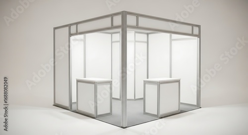 Clean Modular Exhibition Booth with Two Counters in an Empty Studio Space.
