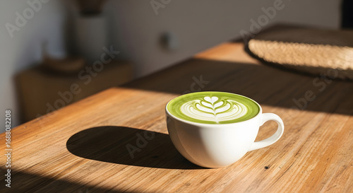 Delicious Matcha Latte A Refreshing Green Drink with Artistic Foam Design