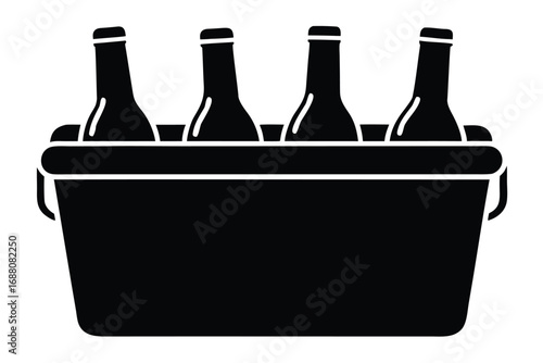 Vector art of a black cooler filled with four bottles, ideal for keeping drinks cold at an event, a minimalist monochrome illustration