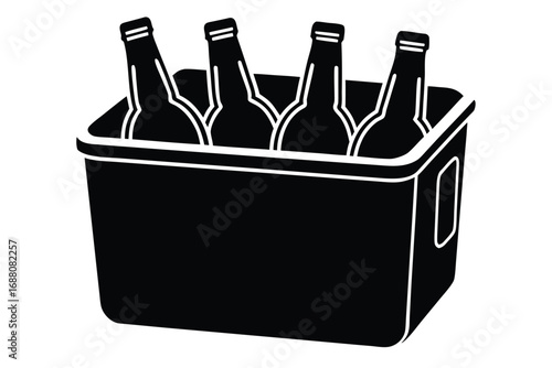 Vector art of a cooler filled with four bottles of beer, ideal for parties, barbecues, and enjoying cold beverages with friends